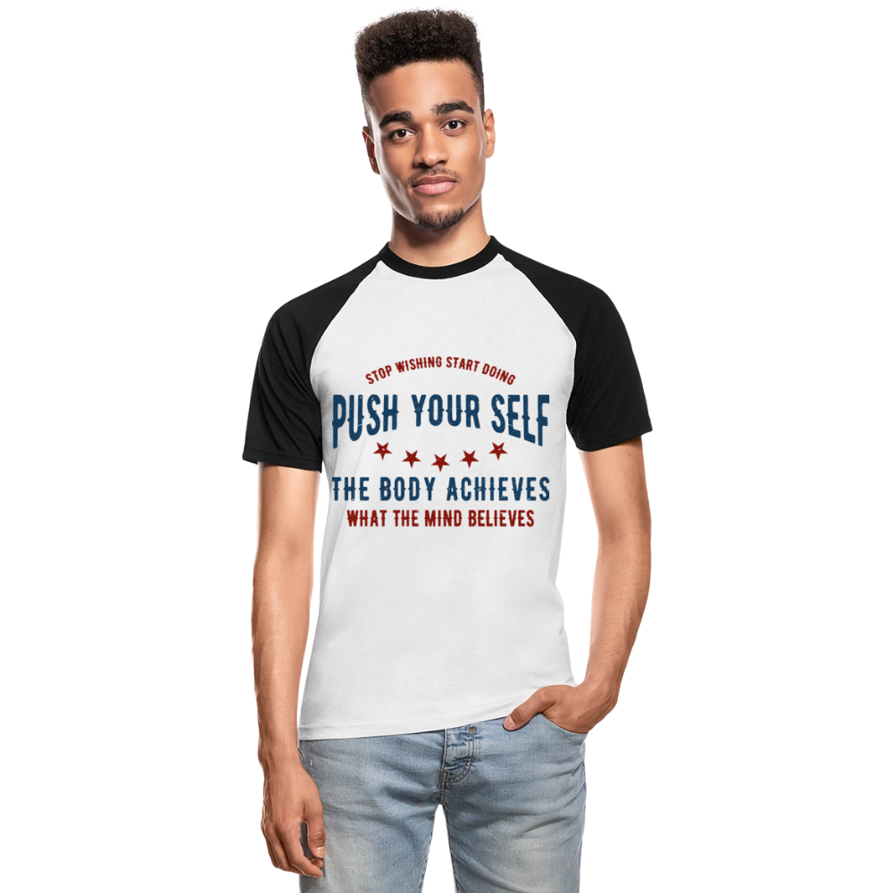 Baseball-T-Shirt "Push" - mit Customizer personalisierbar - Weiß/Schwarz