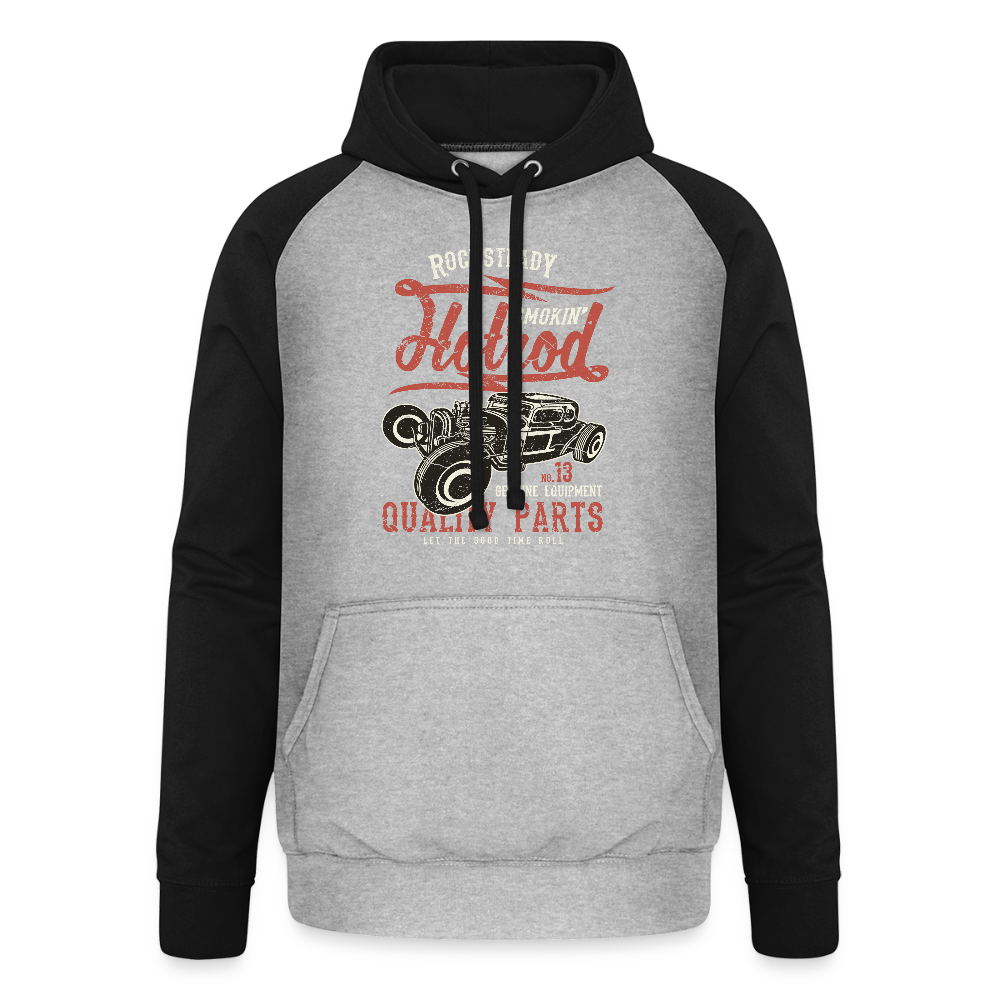 Baseball Hoodie "Smokin Hotrod" - mit Customizer personalisierbar - Grau meliert/Schwarz