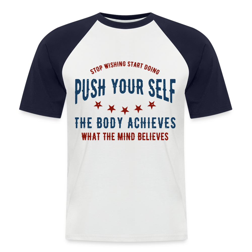 Baseball-T-Shirt "Push" - mit Customizer personalisierbar - Weiß/Navy