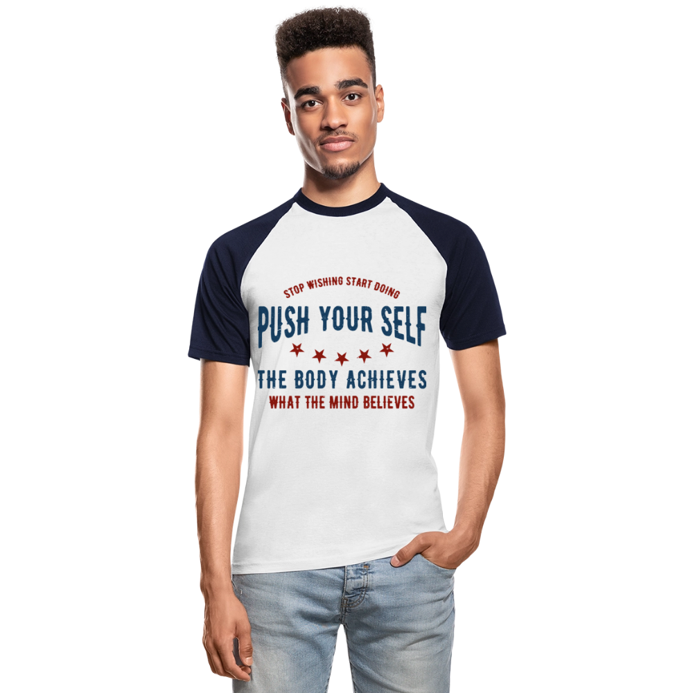 Baseball-T-Shirt "Push" - mit Customizer personalisierbar - Weiß/Navy