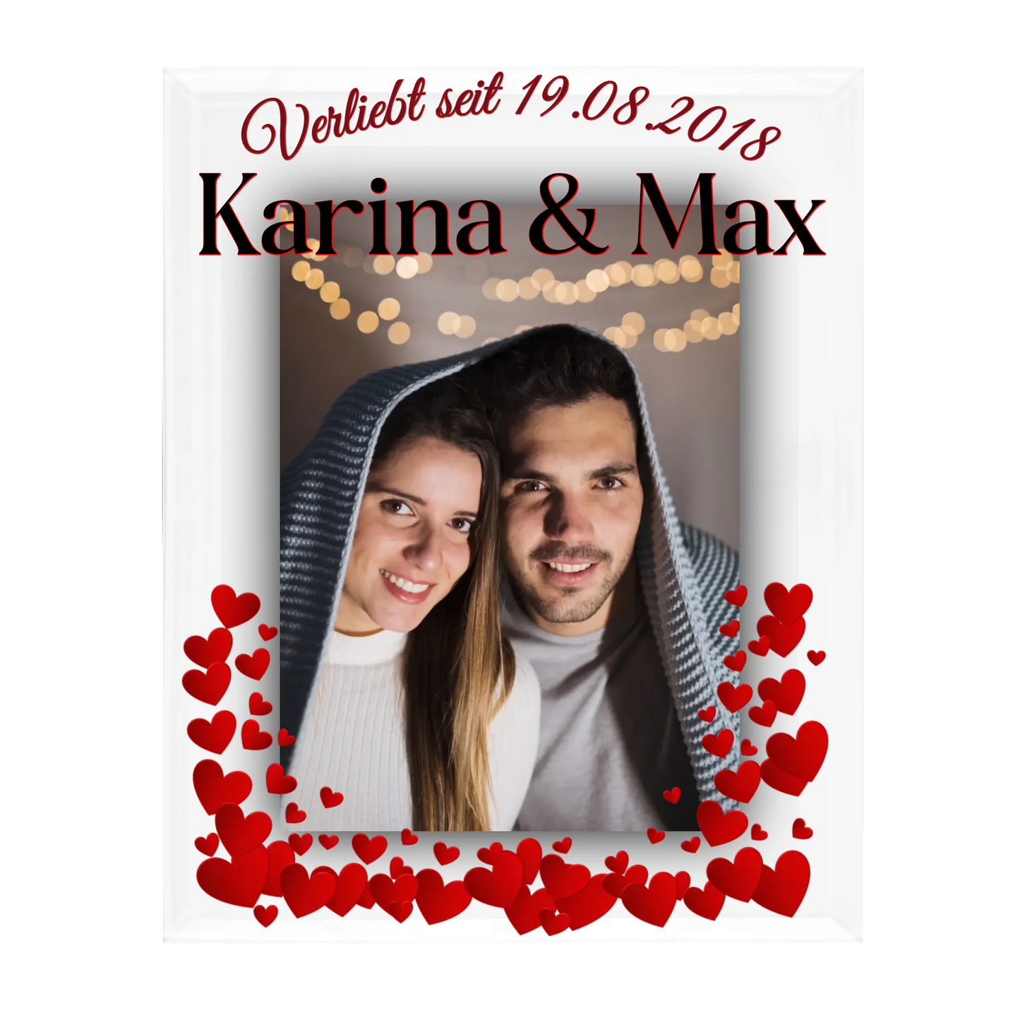 Glasaufsteller "Verliebt" mit Datum und Namen