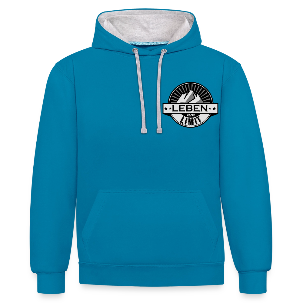 Kontrast-Hoodie Unisex "Leben am Limit" - Pfauenblau/Grau meliert