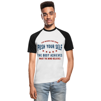 Baseball-T-Shirt "Push" - mit Customizer personalisierbar - Weiß/Schwarz