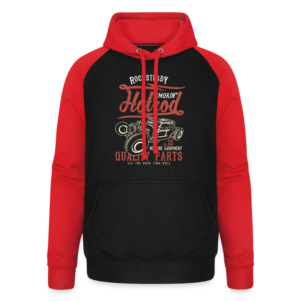 Baseball Hoodie "Smokin Hotrod" - mit Customizer personalisierbar - Schwarz/Rot