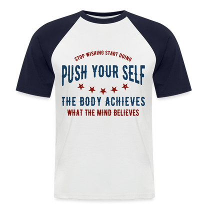 Baseball-T-Shirt "Push" - mit Customizer personalisierbar - Weiß/Navy