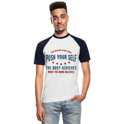 Baseball-T-Shirt "Push" - mit Customizer personalisierbar - Weiß/Navy